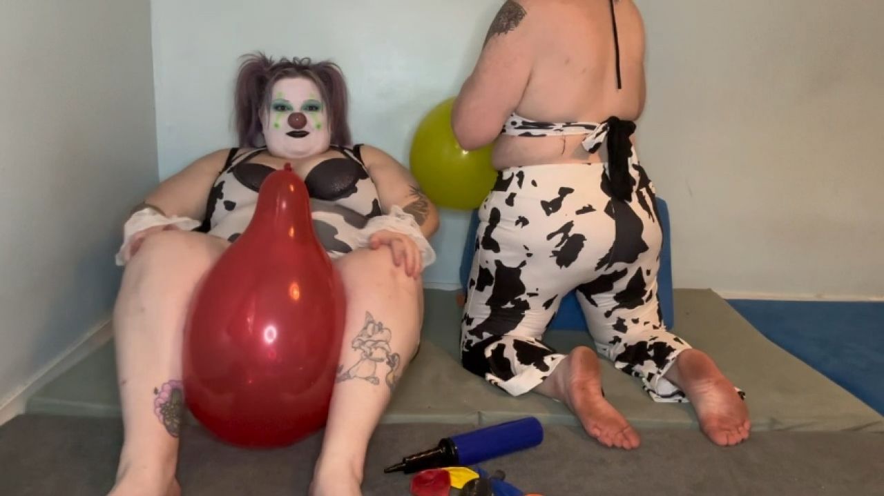 Clown girls blowing up and humping balloons