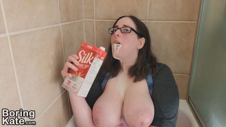 Pouring soy milk on my tits