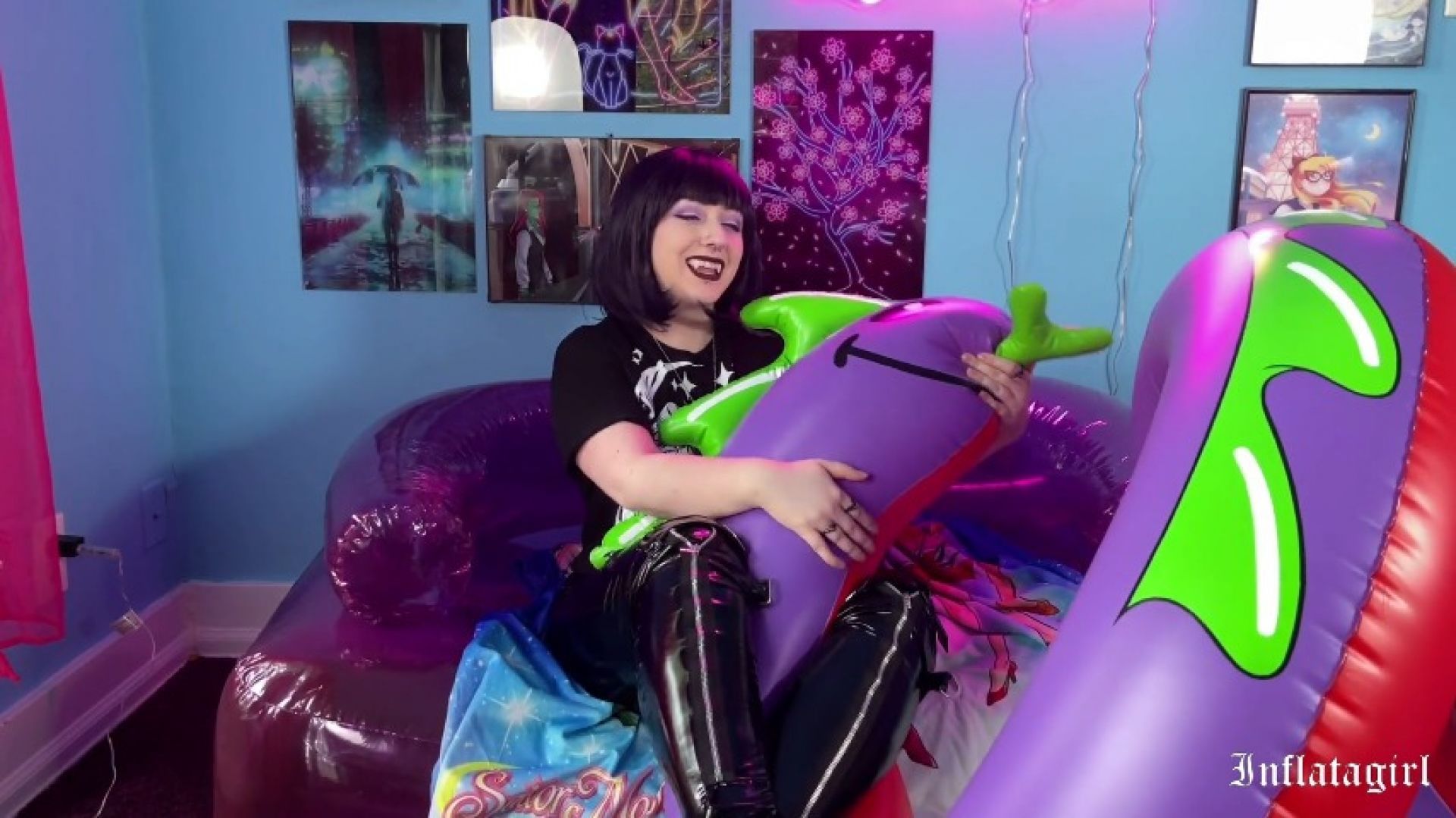 Vampire Girl Wrestles With Pet Inflatable Snake