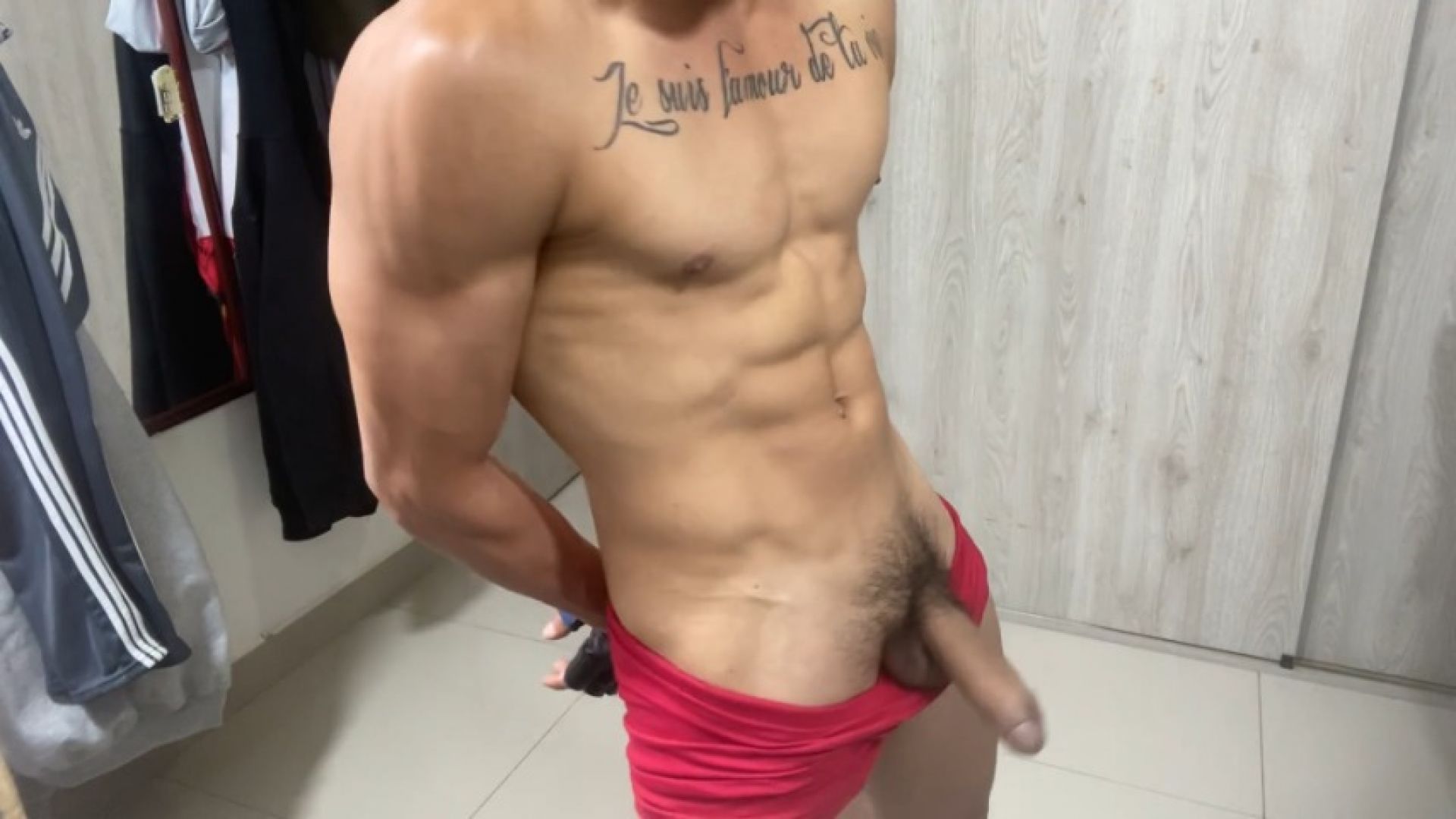 Bruno shows his muscles and hard cock