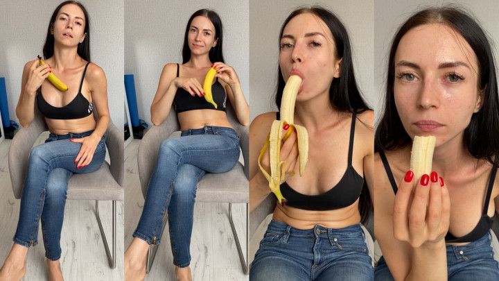 Teasing in jeans,eating &amp; sucking banana