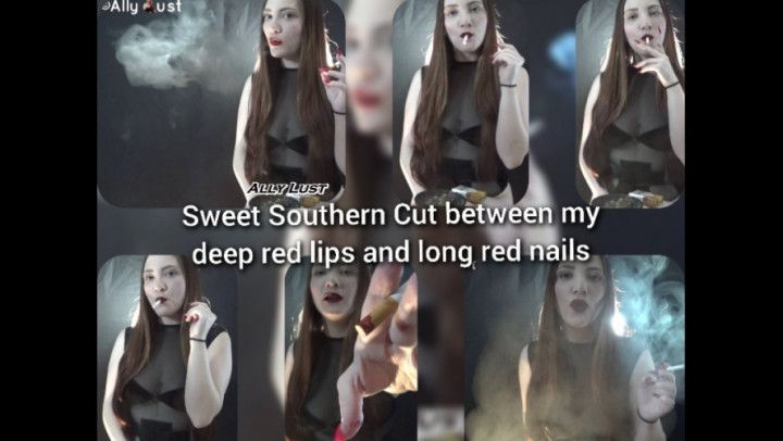 Sweet Southern Cut between my deep red lips and long red nai