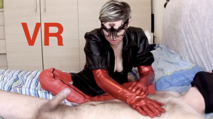 Shiny red gloves hands free cumshot VR