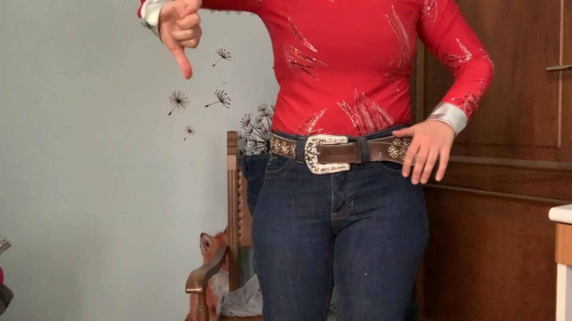 I try 2 different cowgirl outfits - red shirt and coral shir