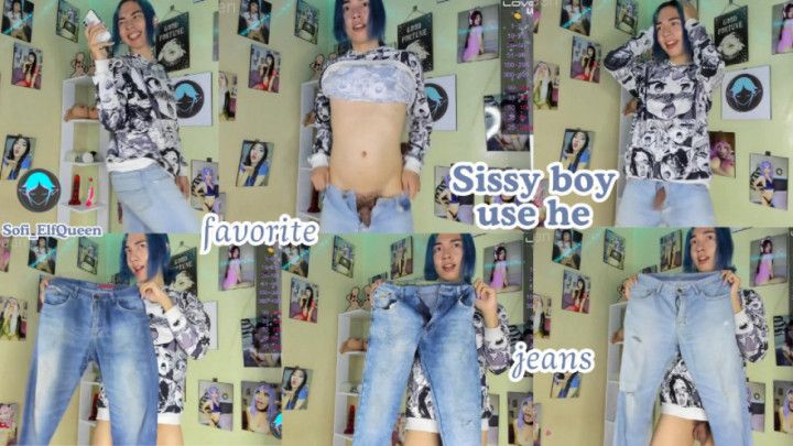 Sissy boy modeling her favorite jeans livecam