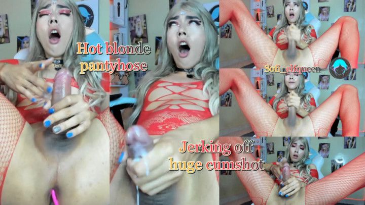 Hot blonde in pantyhose jerking off cum