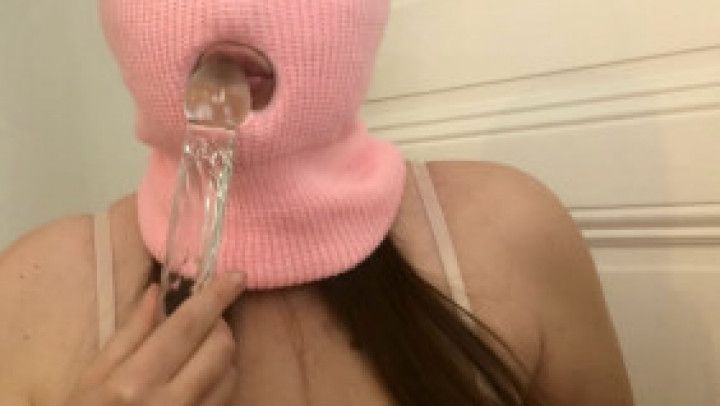 Masked glass dildo sucking