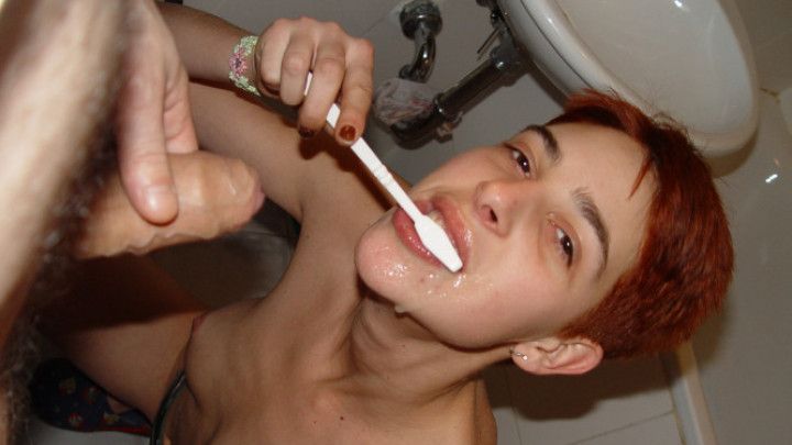 Washing her teeth with my cum and piss