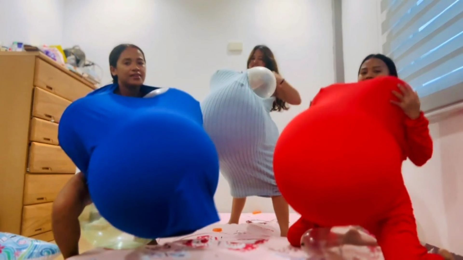 3 Girls Stuff Their Jumpers With Balloon Boobs And Tummies