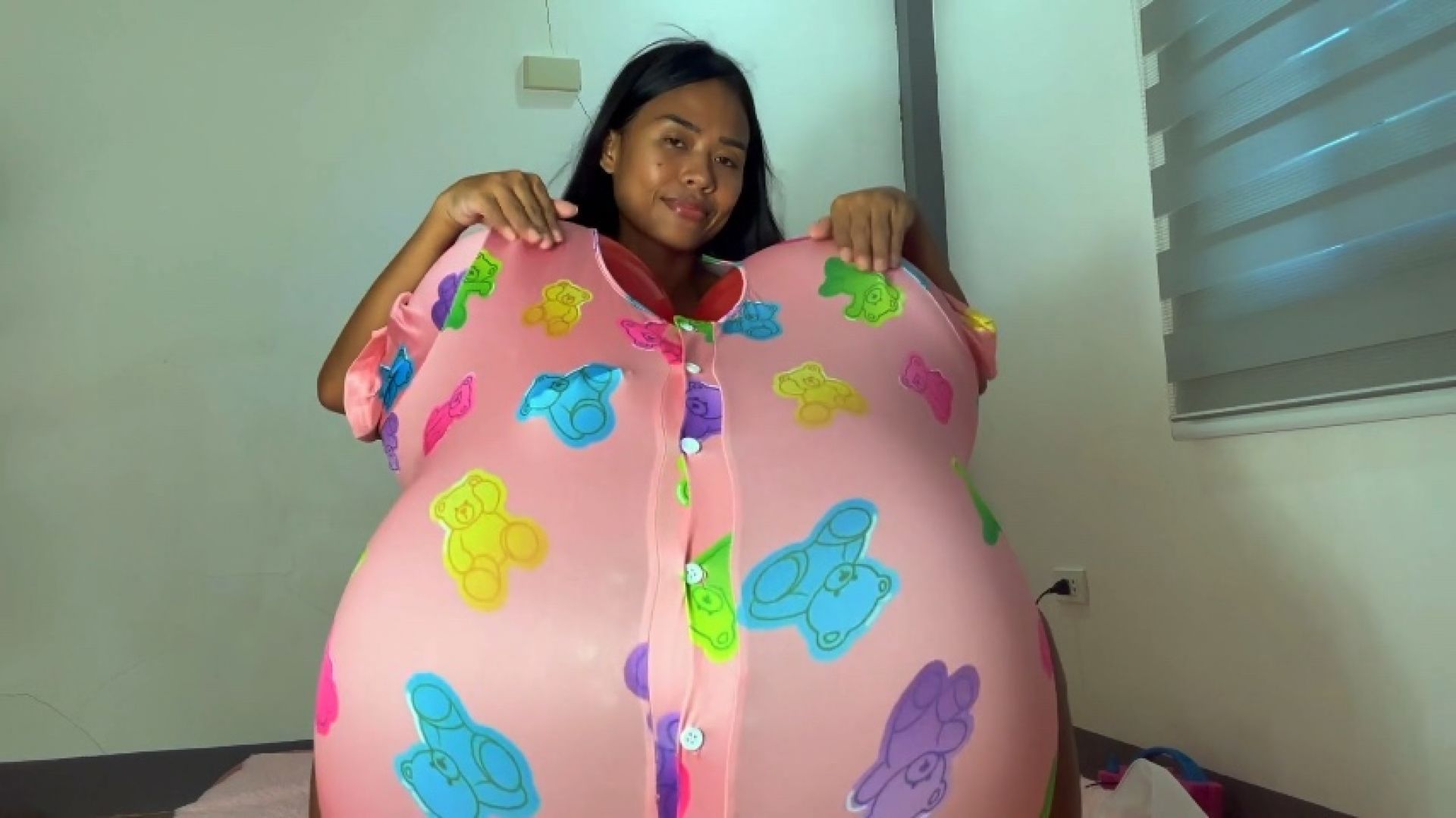 Sexy Camylle Stuffs Boobs Tummy Riding A Clear Balloon