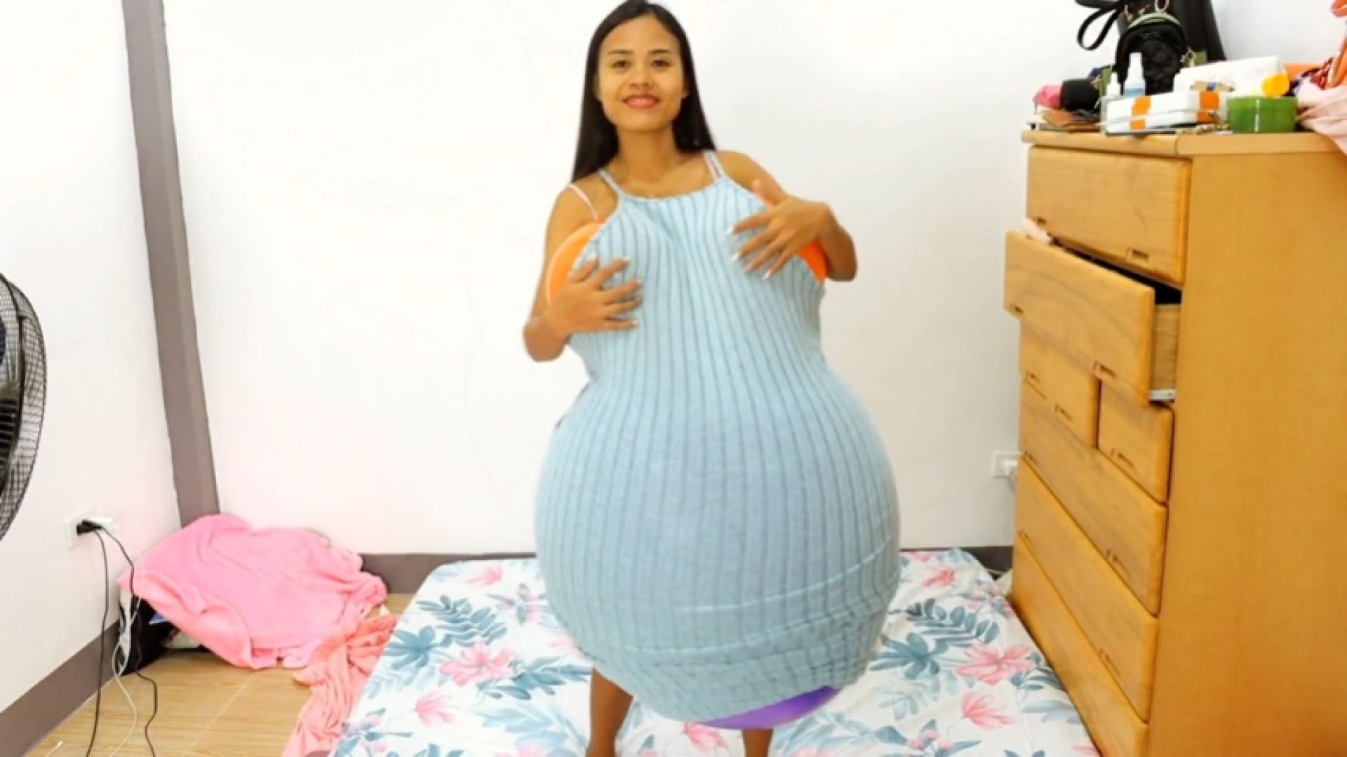 Camylle Stuffs Her Blue dress With Big Belly and Big Boobs