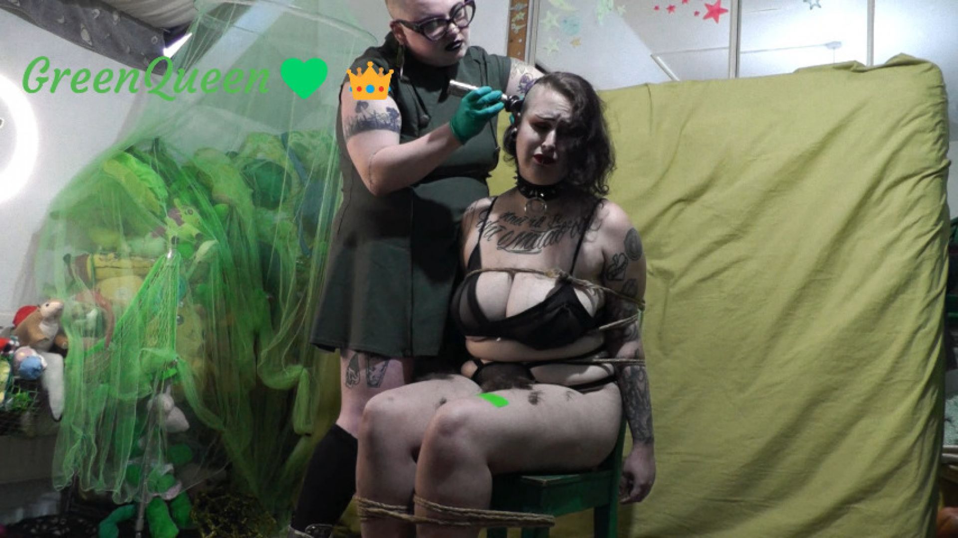 Shaved Head Domme cuts restrained subs hair