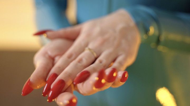 Long red nails, latex and oil