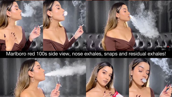 Marlboro red 100s, nose exhales, dangling, side view, residu