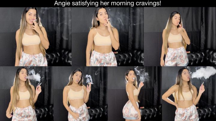 Angie satisfying her morning cravings in her cute pjs