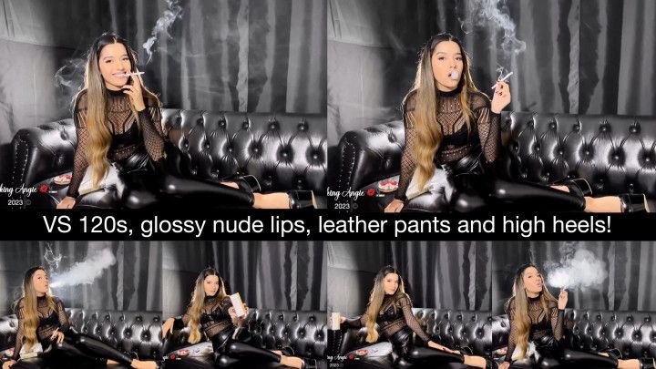 VS 120s, glossy nude lips, leather pants, lace top &amp; heels