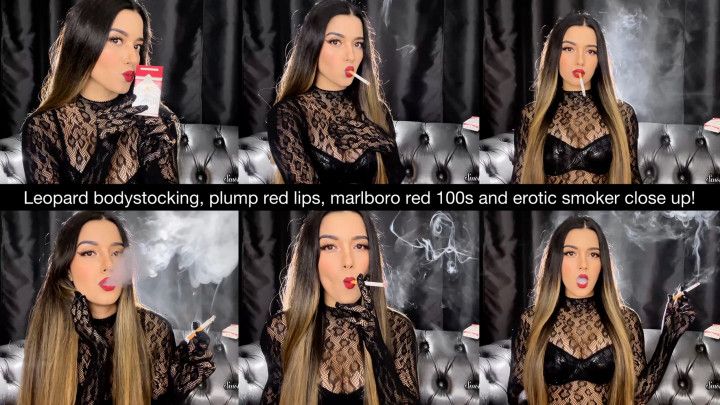 Leopard bodystocking, plump red lips, marlboro red 100s