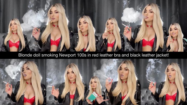 Blonde doll smoking Newport 100s in leather red bra