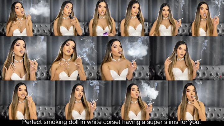 Perfect smoking doll in shiny white corset smoking