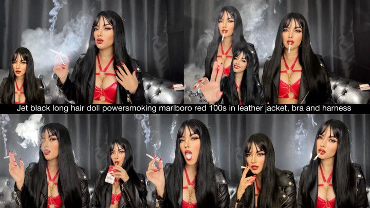 Jet black long hair smoking doll in black leather jacket