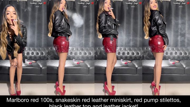 Marlboro red 100s, snakesking leather skirt, leather jacket