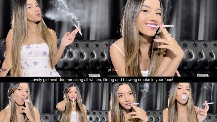 Lovely girl next door smoking long all whites, flirting