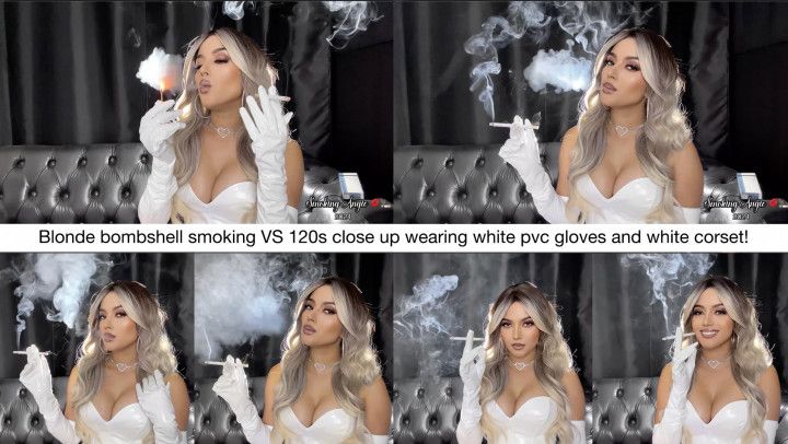 Blonde bombshell smoking VS 120s close up wearing white