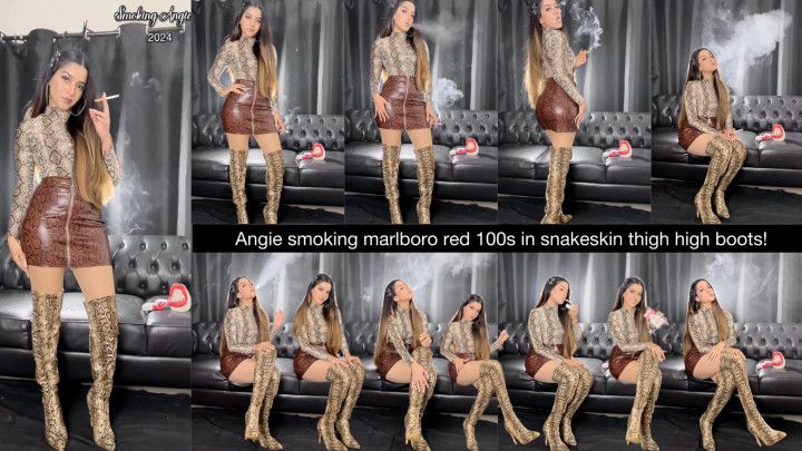 Angie smoking Marlboro Red 100s wearing a snakeskin