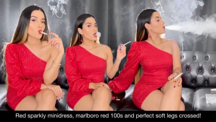 Red sparkly minidress, Marlboro red 100s, perfect soft legs