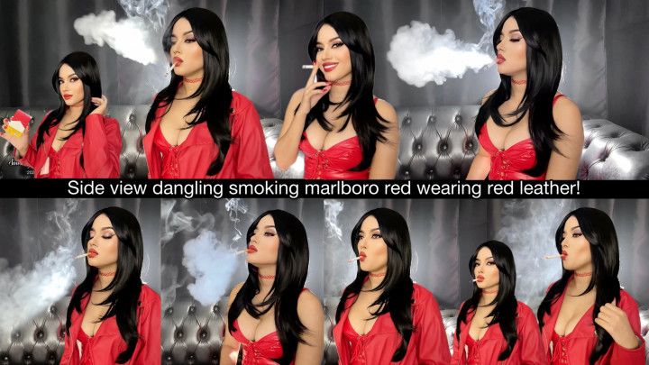 Side view dangling smoking Marlboro red wearing red leather