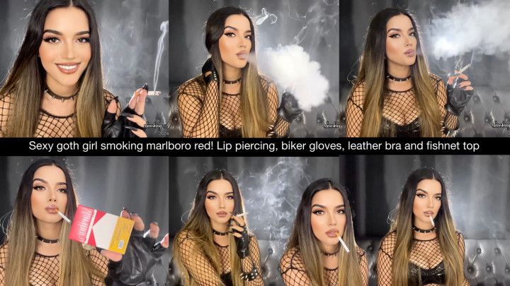 Sexy Goth girl smoking Marlboro red!  Lip piercing, choker