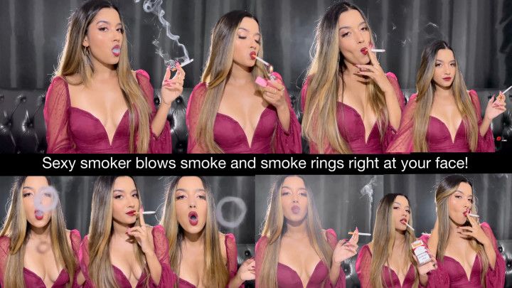 Sexy smoker blows smoke and smoke rings right at your face