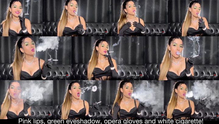 Pink lips, green eyeshadow, ponytail, opera gloves, black mi