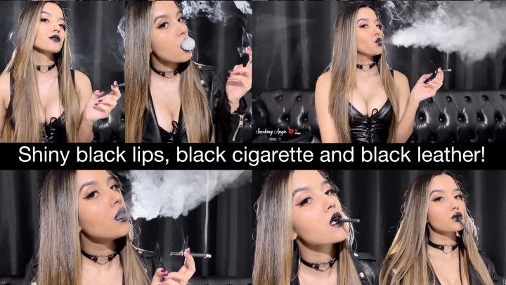 Shiny black lips, black cigarette, black leather