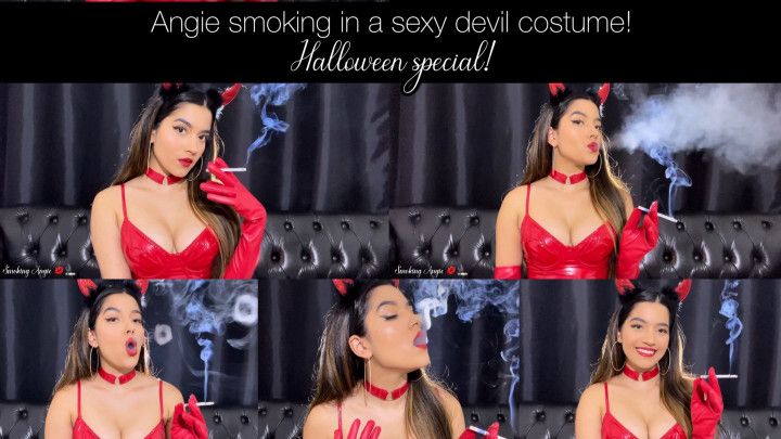 Angie smoking in a sexy devil costume