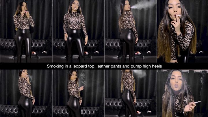 Smoking in leopard top and leather pants