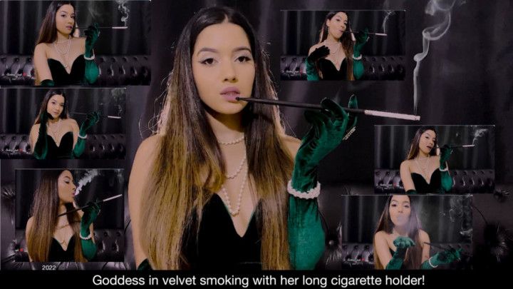 Goddess in velvet smoking with her long