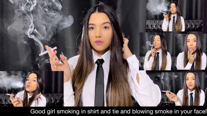 Good girl smoking in shirt and tie