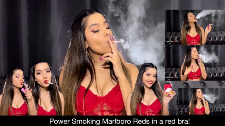 Power Smoking Marlboro Reds in a red bra