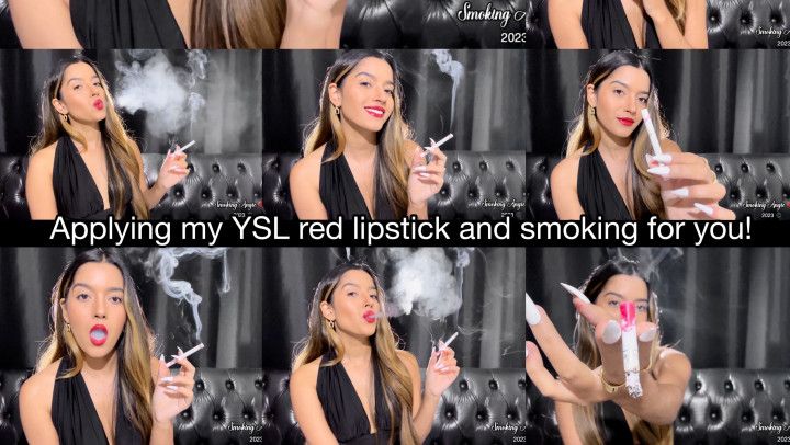 Applying YSL red lipstick and smoking a white cig for you