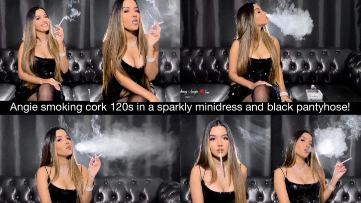 Angie smoking a cork 120s in a sparkly minidress &amp; pantyhose