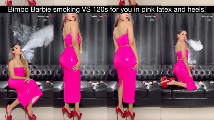 Bimbo Barbie smoking Virginia Slims 120s in a pink latex