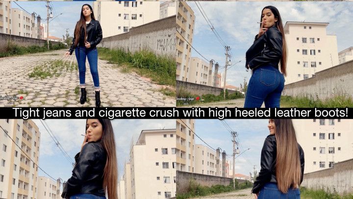 Smoking in tight jeans pants, leather jacket &amp; leather boots