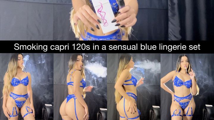 Smoking Capri 120s in a sensual blue lingerie set