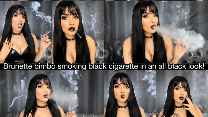 Brunette Bimbo smoking black cigarettes in leather top