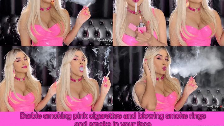 Barbie smoking pink cigarettes and blowing smoke rings
