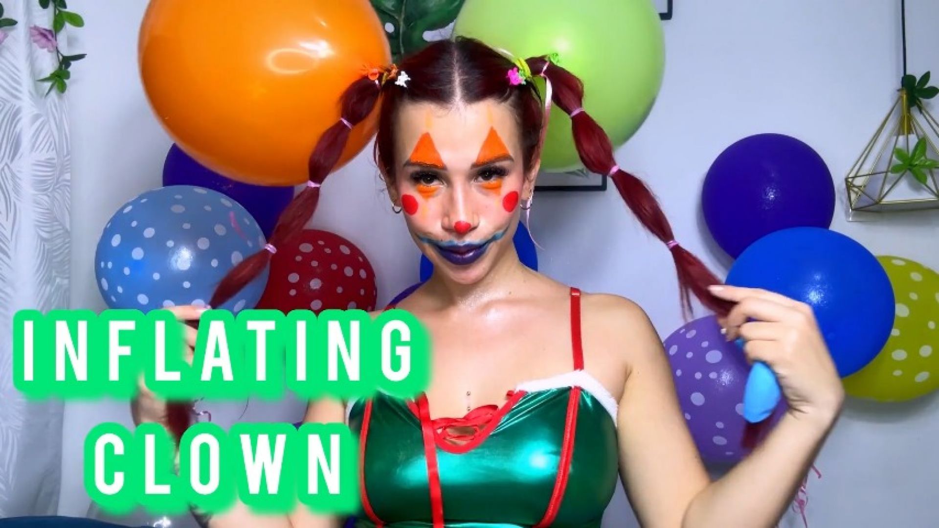 Tender and naked clown inflating colorful balloons