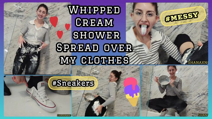 WHIPPED CREAM FETISH WET AND MESSY SOCKS SHOWER WITH CLOTHES