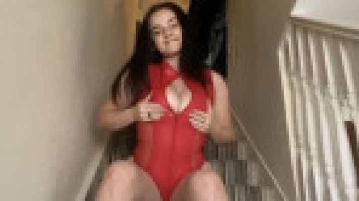 Teen in Red Leather Swimsuit Orgasming