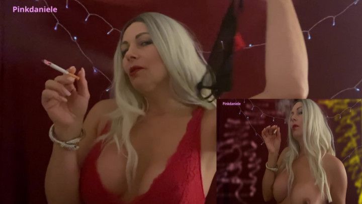 Smoking in red bra